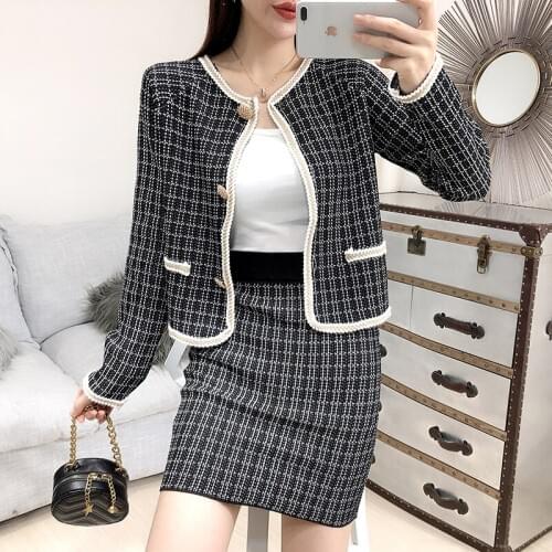 Amolapha Women Plaid Knit Jumpers+Skirts Sets Long Sleeve Single Breasted Woman Fashion Cardigans Skirt 2PCS Suits