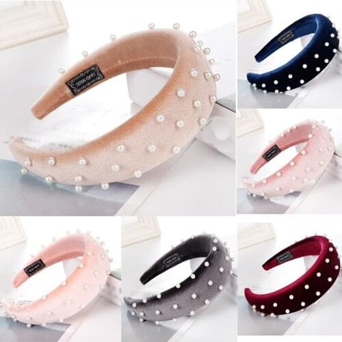 2021 New Elegant Pearls Velevt Padded Hairband Headband for Women Thick Sponge Hair Hoop Head Band Fashion Hair Accessories