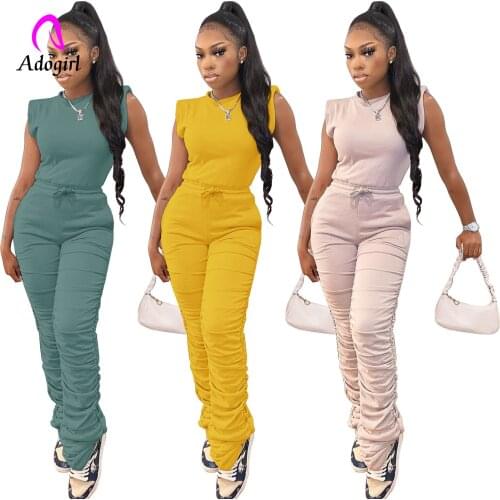 Fitness Women 2 Piece Set Solid Padded Shoulder Sleeveless Crop Top + Stacked Pants Matching Set 2021 Autumn Workout Tracksuits
