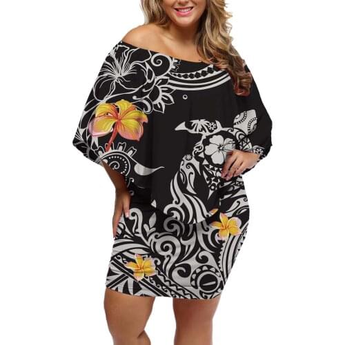 Hycool Fiji Polynesian Sea Turtle Design Black Summer Women Dress Women Plus Size Slash Neck Women Clothing Elegant Floral Dress