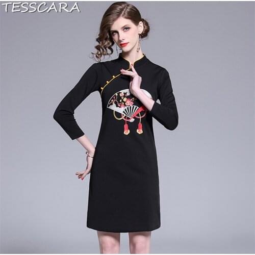 TESSCARA Women Chinese Style Embroidery Dress Festa Female High Quality Vintage Designer Vestidos Elegant Party Short Robe Femme