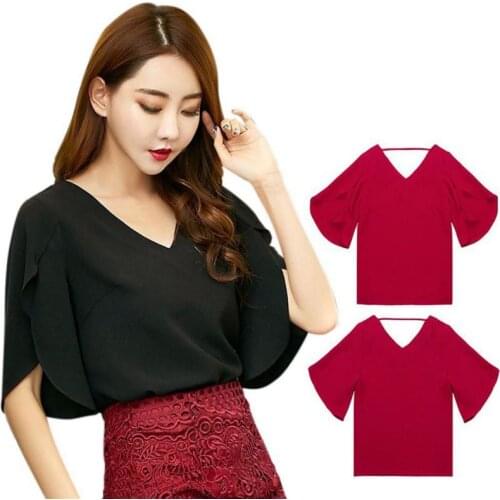 3 Colors Lotus Leaf Wild Chiffon Womens Shirt Summer Short Sleeve Sexy V-neck Loose Blouse YO