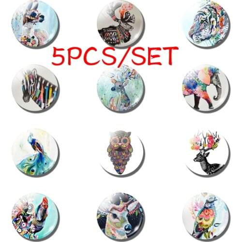 5PCS/SET Colorful Elk Elephant Bird Peacock Round Photo 25mm Glass Cabochon Dome Handmade Jewelry Diy Pendant Accessories