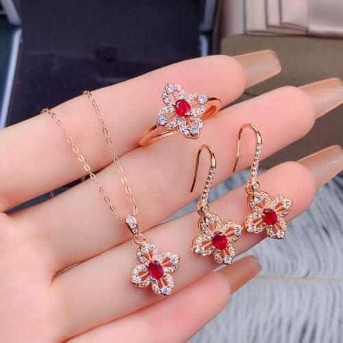 925 sterling silver jewlery sets Ruby ring earrings necklaces jewelry for women Necklace/Earrings/Ring Vintage party