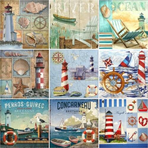 HUACAN Diamond Painting Lighthouse Cross Stitch Diamond Seaside Mosaic Kits Decoration Painting With Diamonds