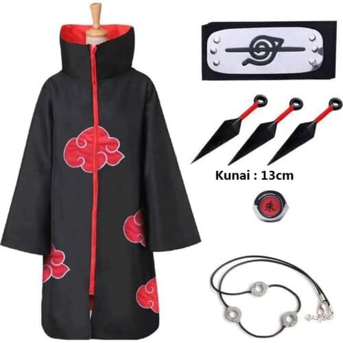 Anime Akatsuki Halloween Cosplay Costumes Cloak Cape Itachi Robe Headband Ring Kunai Wig Obito for 135-190cm Kids Aldult Unisex