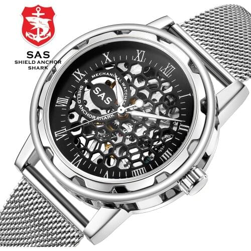 SAS Luxury Brand Mens Fashion Honeycomb Skeleton Hollow Mechanical Watches Stainless Steel Mesh Bracelet Business Dress Watch