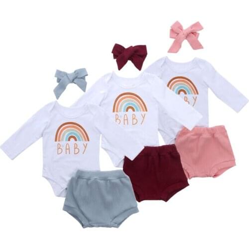 3Pcs Toddler Baby Girl Autumn Clothing Set Long Sleeve Letter Mama Printed Rainbow Romper Top Solid Shorts Set