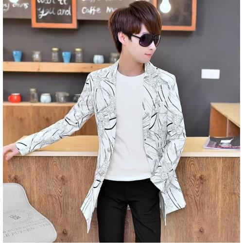 Small suit mens slim korean long coat mens clothing printing suits male thin youth leisure jacket male handsome black white 3XL