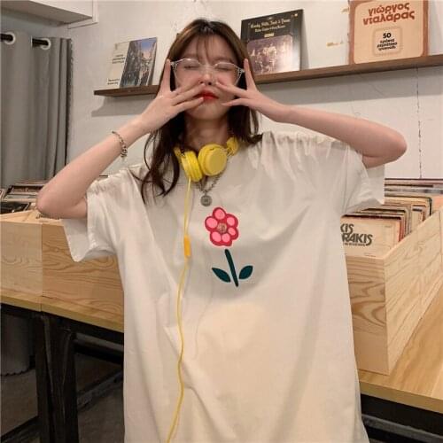 Summer Kawaii Flower Graphic Short-Sleeved T-Shirts For Girls Harajuku Korean Fashion e Girl Friends Aesthetic Womens Tops