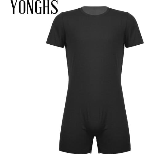 Mens Lingerie Sexy Bodysuit Jumpsuit Round Neck Short Sleeve Summer Sportswear Exercise Running Outfit Invisible Zipper Rompers