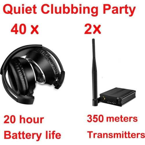 Silent Disco Headset system black folding wireless headphones - Quiet Clubbing Party Package (40 Headphones + 2 Transmitters)