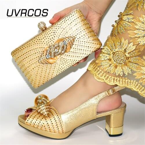 Sweet NEW-Golden Color New Arrivals Shoes and Bag Comfortable Heels Office Lady Meeting Shoes and Bag Set Sexy Style for Party