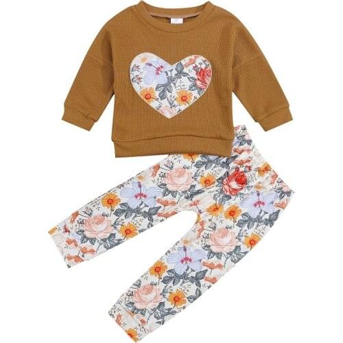 2021 Autumn Kids Baby Girl Long Sleeve Flower Heart Pullover Sweatshirt Tops Floral Long Pant 2PCS Girls Clothing Set
