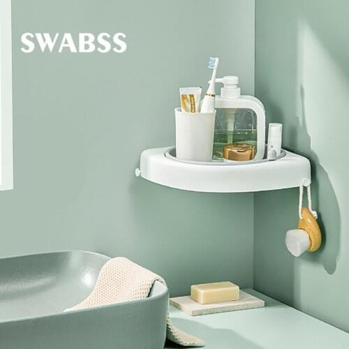 Punch-Free Storage Shelf 360 Degree Rotating Waterproof Organizer Rack for Corner Plastic Storage Rack Bathroom Shelf with Hook