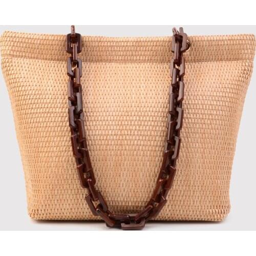 Loft Straw Detailed Chain Hand And Shoulder Bag Round Beach Bag Vintage Handmade Woven Circle Rattan Summer Vacation Casual