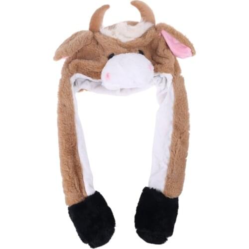 Funny Ox Animal Plush Hat with Moving Jumping Ears New Year Cartoon Stuffed Toy Lovely Cow Cattle Earflap Cap Party Prop