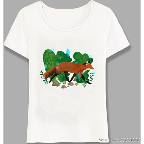 Magical Forest Fox Walk T-Shirt Summer Fashion Women T-shirt Lovely Fox Green Print Casual Maiden Tops Woman Cute Tees Harajuku