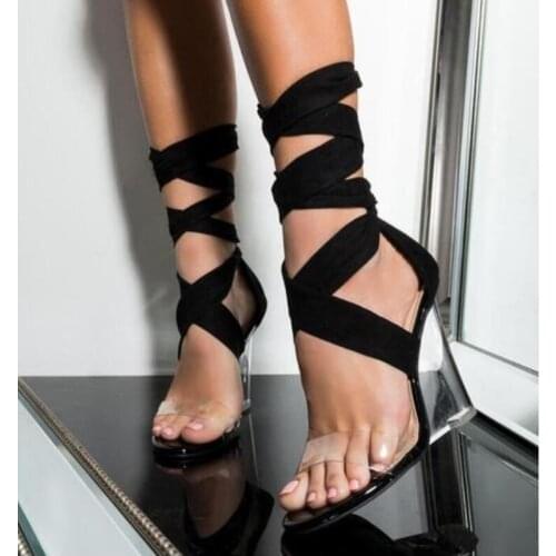 Vogue Sexy Women Shoes Peep Toe PVC Transparent Heel Wedges High Heels Sandals Gladiator Cross Strap Lace-Up Pumps