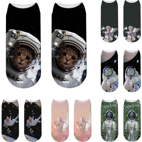 Novel Cat Women Cotton Socks Astronaut Cat 3d Printed Harajuku Kawaii Socks Cut Low Ankle Casual Cartoon Cute Girl Female Socks