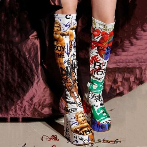 2020 Spring Vintage Printed Knee-High Boots For Women Shoes Sexy Faux Leather Platform Spuer High Heel Women Boots 2020