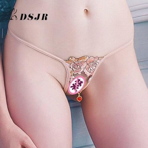 1pc Sexy Women‘s Panties Exotic Underwear Rose Embroidered Transparent T- back Open Crotch Love Pendant T-pants PornTemptation