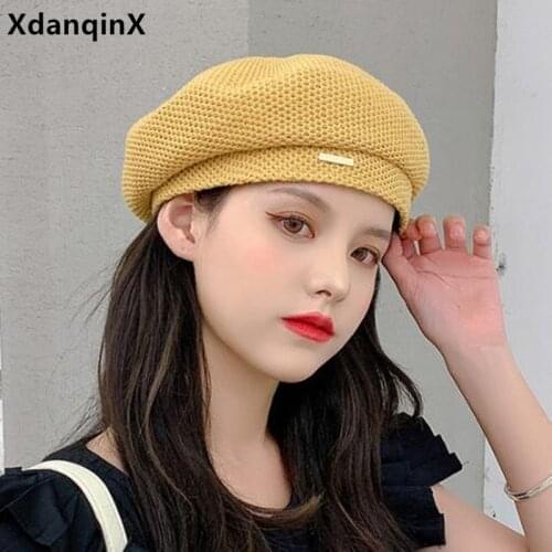 XdanqinX New 2021 Summer Womens Hat Elegant Vintage Berets Mesh Solid Linen Korean Japanese Style Retro Female Hat Multicolor