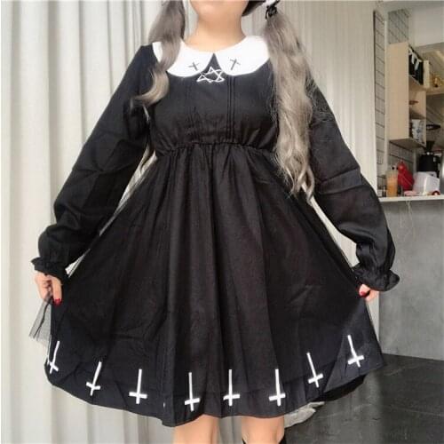 Harajuku Street Cross Cosplay Women Black Dress Japanese Summer Gothic Kawaii Style Star Tulle Dress Lolita Cute Girl Dresses
