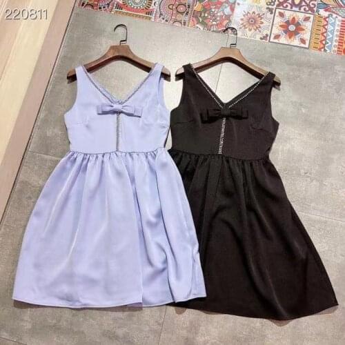 New 2021 Fashion Runway Summer Party Dress Women V-neck Sexy V-Neck Beading Bow Sleeveless Mini Hot Sale Dress