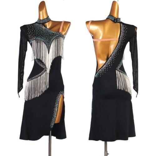 Female Tassel Rhinestone Latin Dance Performance Split Dress Sexy Backless Samba Tango Professional Competition Dress VDB3821