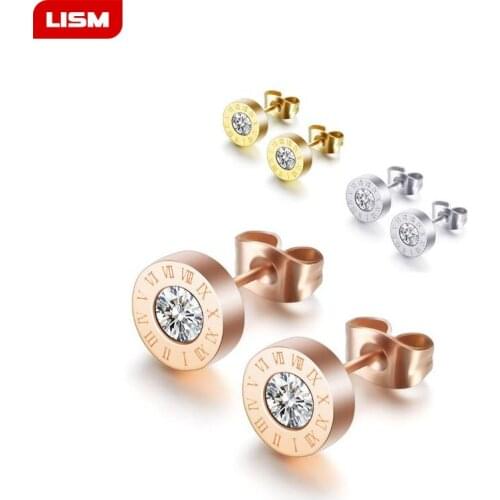 1 Pair New Shiny Cubic Zirconia Roman Numerals Stud Earrings Titanium Steel 3 Colors Engagement Wedding Earrings