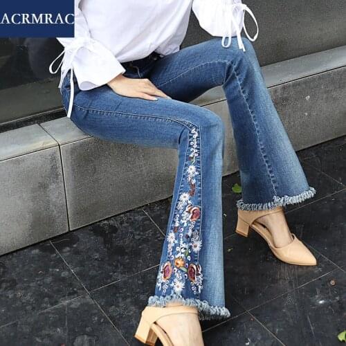 ACRMRAC woman embroidery High waist Elasticity Slim Thin Flare Pants jeans