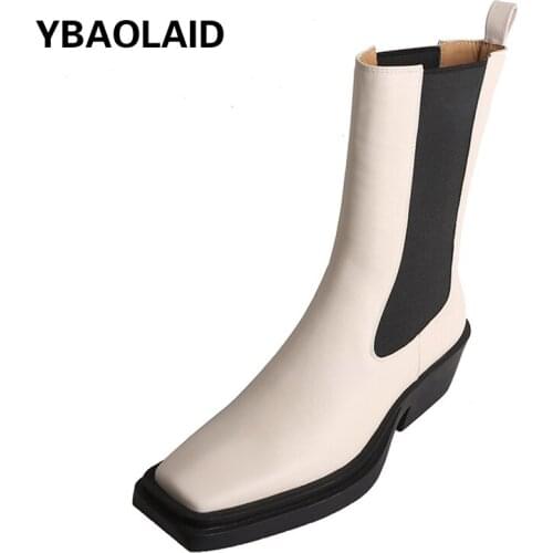 Square Toe Retro Mid-tube Thick-heeled Martin Boots for Autumn and Winter New Color-blocking Elastic Tube Mid-heel Chelsea Boots
