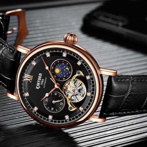 KINYUED Business Waterproof Mechanical Movement Watch Fashion Mens Tourbillon Automatic Hollow Skeleton Luminous Watch Men J053