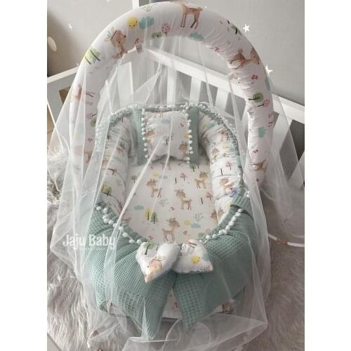 Jaju Baby Special Handmade Wafle Green Pique Fabric Poplin Fabric Pompon Babynest Toy Apparatus and Tulle Set
