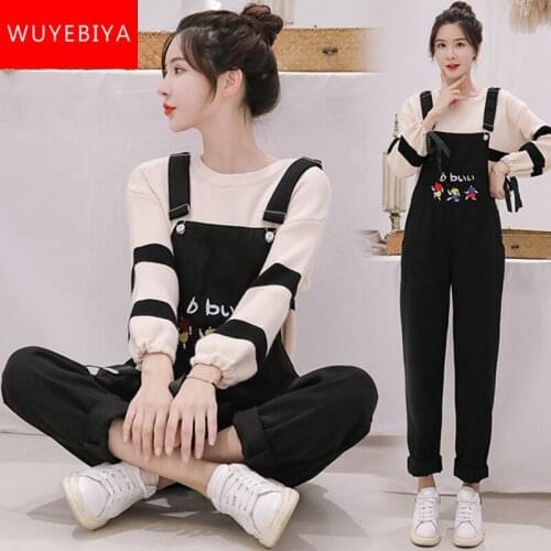 Denim Brace Trousers Girls' Spring and Autumn Clothes New Junior High School Students Korean Style Loose and Cute Two-Piece Suit