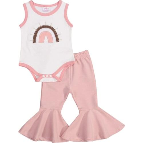 0-24M Newborn Infant Baby Girls Clothes Sets Rainbow embroidered Sleeveless Bodysuit Tops Flare Pants 2pcs Outfit Set Summer New