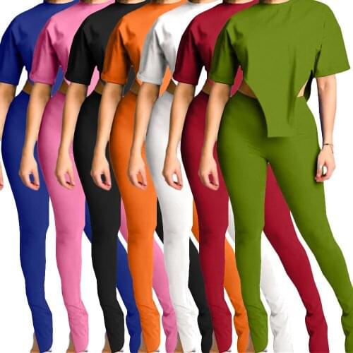 Summer Solid 2 Piece Outfit for Women Set Casual Sweat Suit Irregular Crop Top Flare Pants Joggers Tracksuit Women Clothes