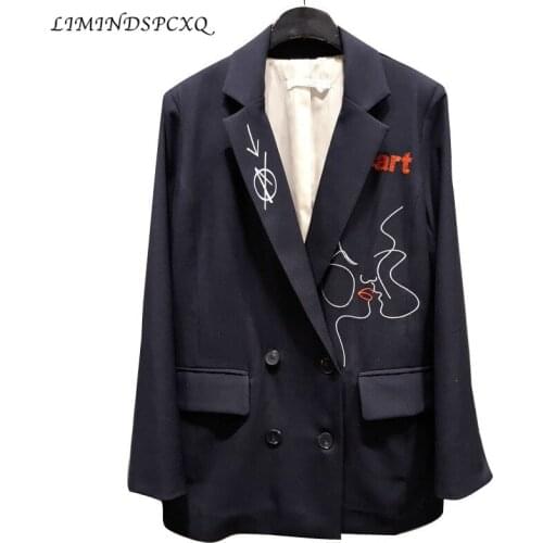 Korean Style Womens Blazers Embroidered Suit Jacket Women New Casual Long Sleeve Suit Woman Double Breasted Office Lady