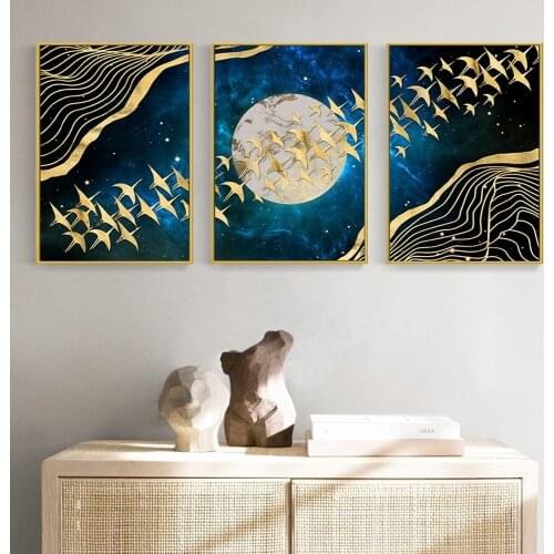 Creative Golden Flying Bird Geometric Ripple Triptych Decorative Painting Living Room Porch Wall Art Canvas Painting Pictures