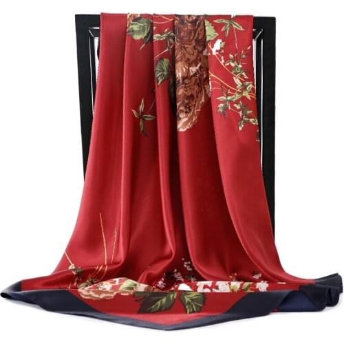 Fashion Neckerchief Scarf For Women Floral Print Silk Satin Hijab Scarfs 90*90cm Square Shawls Headband Scarves For Ladies 2020
