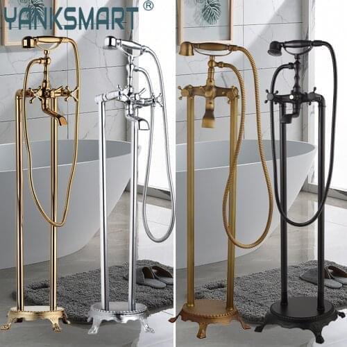 YANKSMART Floor Stand Bathtub And Shower Phone Type Faucet Three Handle With Tub Filler Mixer Water Tap Telephone Style Faucet