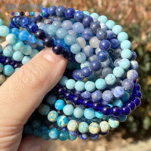 Natural Stone Blue Crystal Jades Jaspers Agates Turquoise Spacer Loose Round Beads For Jewelry Making DIY Accessiory Wholesale