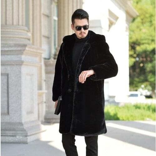 Autumn faux mink leather jacket mens winter thicken warm Medium length fur leather coat men jackets jaqueta de couro hooded