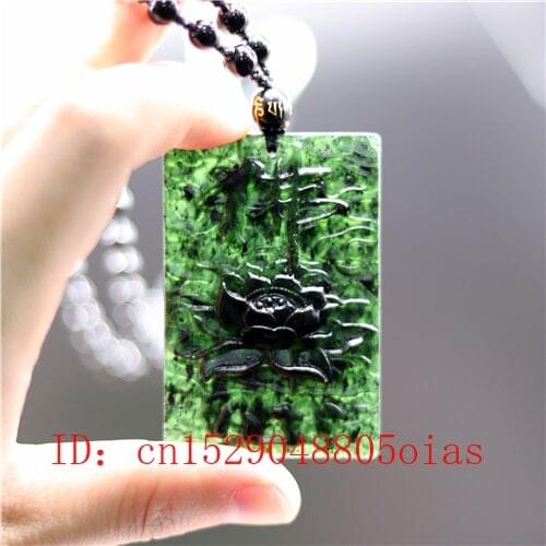Natural Black Green Chinese Jade Lotus Pendant Necklace Fashion Charm Jewelry Double-sided Carved Amulet Gifts for Men Women