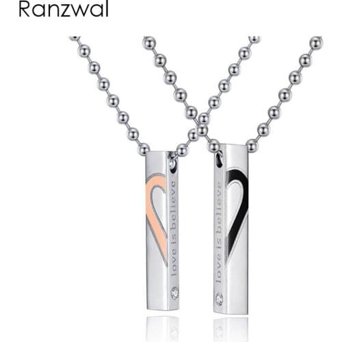 Ranzwal Stainless Steel Love Couple Necklace Love in Believe Heart Shaped Pendants Necklace with 60cm Chain 2PCS