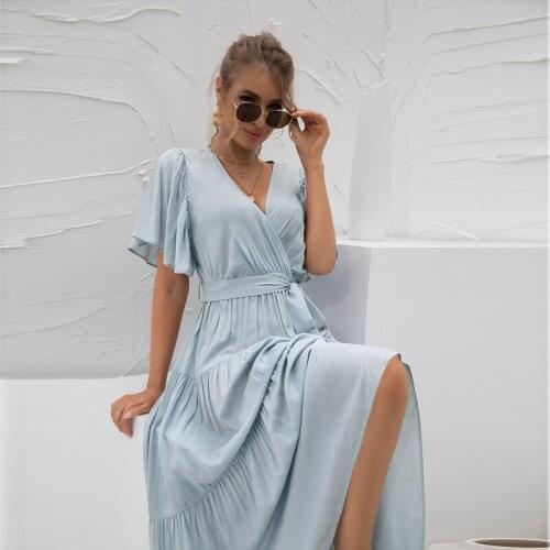 ATUENDO Summer Fashion Solid Bule Dress for Women Vintage Sexy Soft Silk Maxi Dresses Casual Wedding Guest High Waist Long Robe