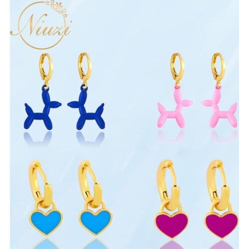 2021 Trendy Womens Pink Cute Animal Dangle Earrings Fine Multi-color Balloon Dog Love Heart Drop Earrings Girls Unusual Jewelry