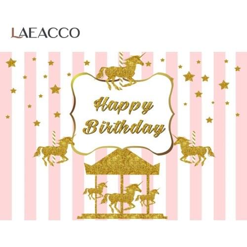 Vinyl Backgrounds For Photography Gold Unicorns Carousel Happy Birthday Party Stripes Photophone Poster Photographic Backdrop