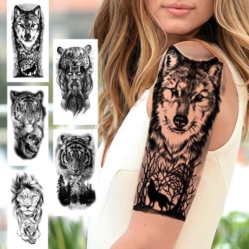 Black Wolf Forest Temporary Tattoos For Women Men Adult Tiger Skull Lion Tattoo Sticker Fake Coyote Skeleton Devil Tatoos Paper